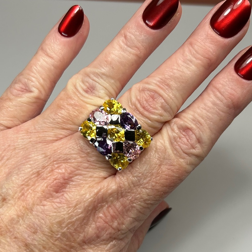 Dazzling Camille Lucie Silver Plated Multi-Colored Crystal Statement Ring